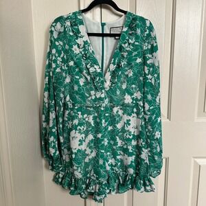 Alexis Cerca Floral Ruffle Long Sleeve Romper Green White Size M